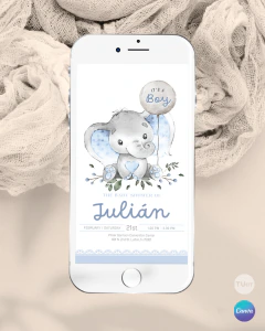 Plantilla de invitación, texto editable canva, elefante acuarela celeste, elephant party,, tonos celestes - tienda online