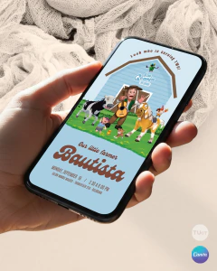 Invitacion animales de la granja zenon celeste texto editable canva tukit - comprar online