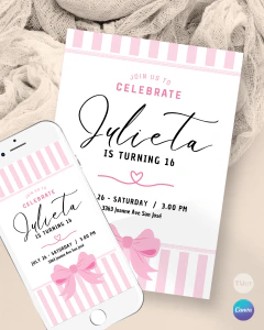 Invitación coquette party, invitaciones editables canva, invitaciones coquetas en internet