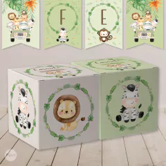 Kit imprimible animales de la selva acuarela verde naranja marron tukit