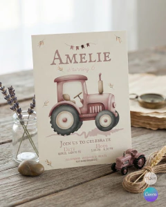 Invitación tractor rosa, texto editables canva, invitaciones tractores tukit - tienda online