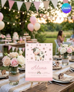 Invitacion editable, invitación vaca flores rosas, invitaciones canva editable, cumple vaquita, baby shower, invitation template en internet