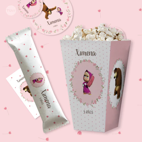 Kit imprimible masha y el oso flores rosas candy bar tukit