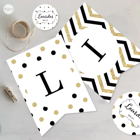 Kit imprimible glitter dorado negro candy bar tukit