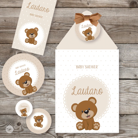 kit imprimible baby shower, primer añito, oso, osito bebe, babies, baby, osito marron, rayas, dots, bautismo