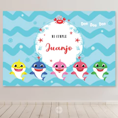 Bunting banner rectangular digital imprimible backdrop baby shark celeste tukit