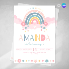 Invitacion arcoiris y florcitas texto editable canva tukit - comprar online