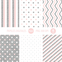 Papeles digitales imprimibles glitter plata rosa celeste tukit - comprar online