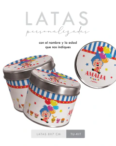 10 Latas personalizadas 8 x 7 cm diseño payaso plim plim tukit - comprar online
