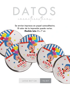 10 Latas personalizadas 8 x 7 cm diseño payaso plim plim tukit en internet