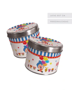 10 Latas personalizadas 8 x 7 cm diseño payaso plim plim tukit