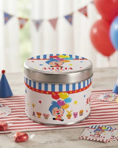 Imagen de 10 Latas personalizadas 8 x 7 cm diseño payaso plim plim tukit