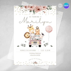 Invitacion editable, invitación selva acuarela, invitaciones canva editable, cumple animales selva, birthday animals, invitation template rosa