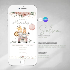 Invitacion editable, invitación selva acuarela, invitaciones canva editable, cumple animales selva, birthday animals, invitation template rosa - comprar online