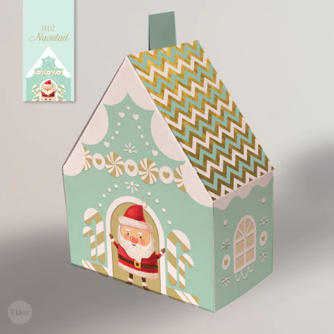 Casita imprimible deco navidad felices fiestas souvenir regalo glitter dorado verde