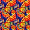 Estampado colorido de dragones y faroles sobre un fondo azul, ideal para telas de fibrana.