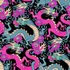 Tela Estampado de dragones en tonos azul, rosa y negro, con flores en el diseño.