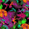 tela fibrana Estampado colorido de flores y aves sobre fondo negro, ideal para telas de fibrana.