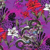 Tela estampada Fibrana Asia 3960 con diseño de dragón y flores sobre fondo púrpura.