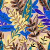 Tela Estampado de hojas de diferentes colores sobre fondo beige, ideal para telas de indumentaria.