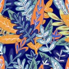 Tela de hojas en tonos azules, naranjas y verdes, ideal para la confección de indumentaria como camisas y vestidos.