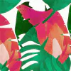 Tela Estampado colorida de hojas en tonos verdes y rosas, ideal para telas de indumentaria.