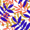 Tela fibrana Estampado de hojas en tonos azul, rojo y amarillo sobre fondo blanco.