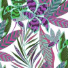 Tela de fibrana estampada con hojas y flores en tonos verdes y púrpuras.
