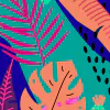 Tela Fibrana estampada con diseño tropical que incluye hojas de diferentes formas y colores vibrantes.
