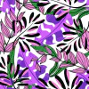 Tela Fibrana Estampada de hojas en tonos púrpuras y verdes sobre fondo blanco, ideal para ropa