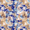 Tela estampada de fibrana con diseño tie-dye en tonos azules y beige