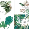 Diseño estampado de hojas tropicales verdes y beige sobre fondo blanco, dividido en cuatro secciones con diferentes estilos de hojas y textos decorativos
