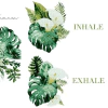 Tela estampada con diseño de hojas verdes y flores blancas acompañado de las palabras "Inhale" y "Exhale".