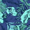 Lona estampada con un diseño de hojas en tonos verdes y azul marino.