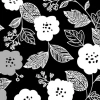 Lona estampada con motivos de hojas y flores en blanco y negro.