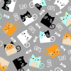 Lona estampada con dibujos de gatos en diferentes colores sobre fondo gris.