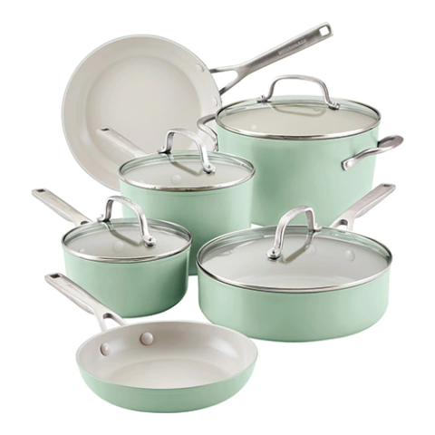 BATERÍA DE COCINA KITCHENAID 10 PIEZAS PISTACHO