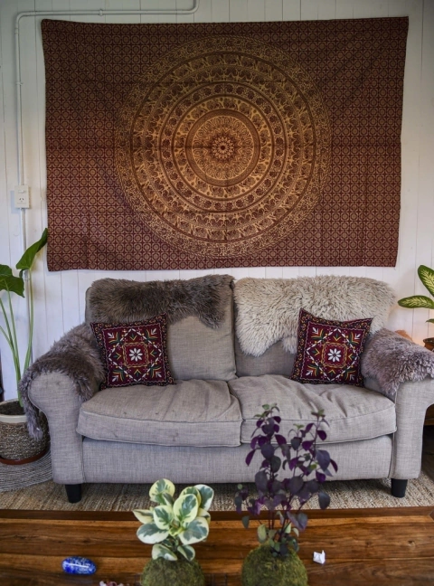 Cover / Tapiz Elefante Mandala Gold 1 plaza bordó