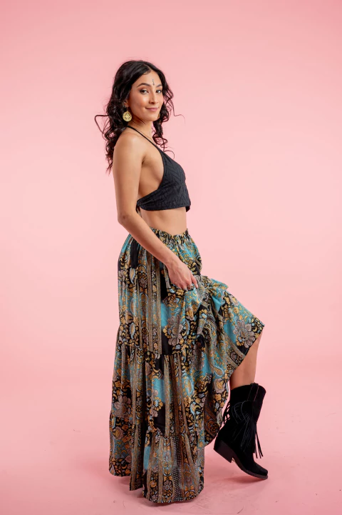 FALDA LARGA MAEVE NEGRA/TURQUESA