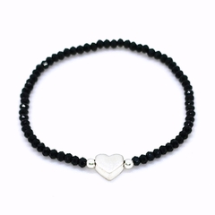 Pulsera De Cristal #3 Negro + Corazón Plata