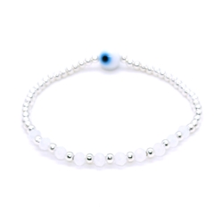 Pulsera Pecas > Plata #3 + Cristal #3 Blanco + Ojo Turco Celeste Grande