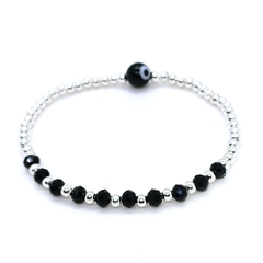 Pulsera Pecas > Plata #3 + Cristal #4 Negro + Ojo Turco Negro Grande