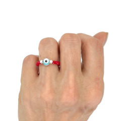 Anillo De Cristal #2 Rojo + Ojo Turco Celeste