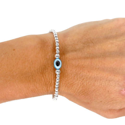 Pulsera Con Cuentas De Plata #3 + Ojo Celeste - comprar online