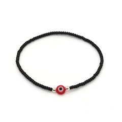 Pulsera Mostacilla Checa Negra + Ojo Turco Rojo Chato