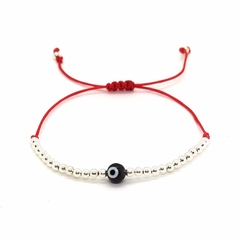 Pulsera De Hilo Rojo Con Cuentas De Plata #3 + Ojo Turco Negro