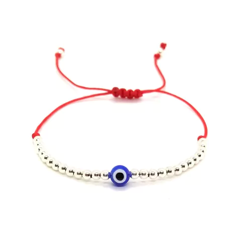 Pulsera De Hilo Rojo Con Cuentas De Plata #3 + Ojo Turco Azul