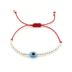Pulsera De Hilo Rojo Con Cuentas De Plata #3 + Ojo Tueco Celeste