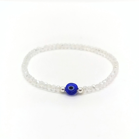 Pulsera Cristal #2 Transparente + Ojo Turco Azul