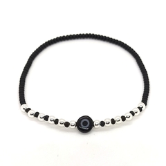 Pulsera Pecas > Mostacillas Checas Negras c/Cuentas De Plata #3 + Ojo Turco Negro